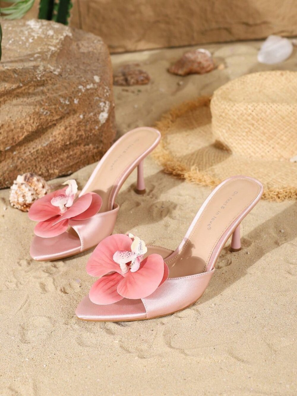 Pink Women'sElegant Flower Decor Satin Open-Toe High Heel Mules Sandals - Picture 5 of 7